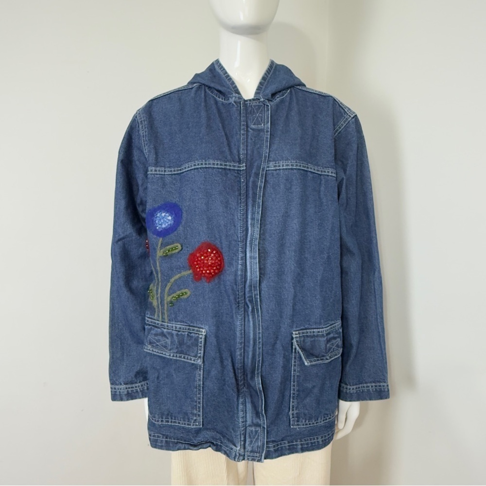 Keren Hart Women’s Denim Jacket Size L – Floral & Stone Accents, Deep Pockets - Picture 1 of 14